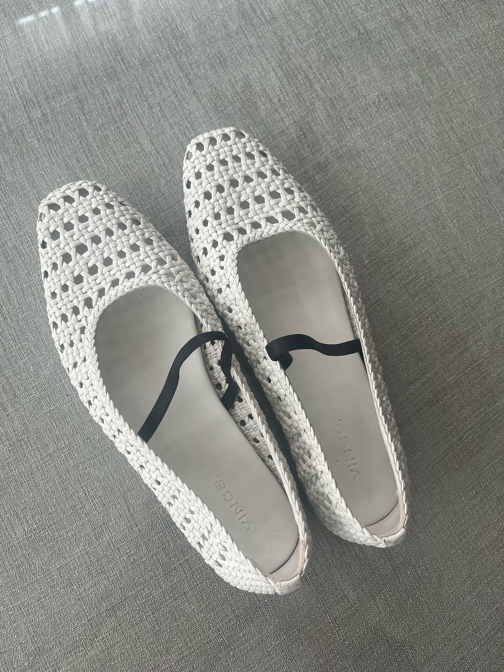 Vince Woven White Ballet Flats with Black Elastic Strap